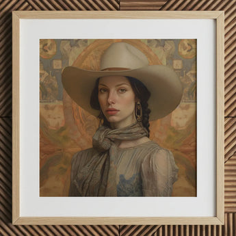 Jamie - Femme Lesbian Cowgirl Art Print / Canvas Beige Cowboy Hat Brown Band Silver Hoop Earrings Elegant Outlaw Reminding, Cowgirl