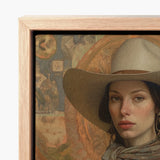 Framed Canvas Print Woman Wide-brimmed Beige Cowboy Hat Elegant Outlaw Reminding, Cowgirl Spirit’s Queer, Vintage Femme Lesbian