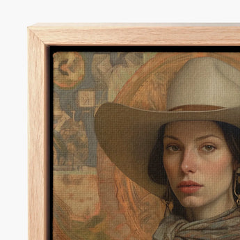 Framed Canvas Print Woman Wide-brimmed Beige Cowboy Hat Elegant Outlaw Reminding, Cowgirl Spirit’s Queer, Vintage Femme Lesbian