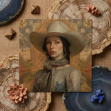Jamie - Femme Lesbian Cowgirl Art Print / Canvas Square Canvas Painting Woman Off-white Wide-brimmed Hat Earth-toned Elegant Outlaw