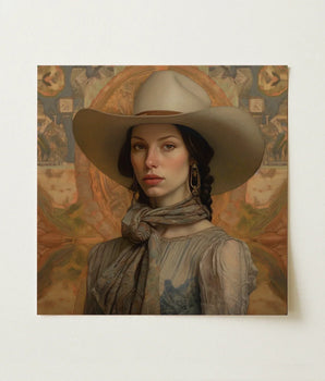 Square Canvas Painting Woman Wide-brimmed Beige Hat Earth-toned Elegant Outlaw Reminding, Cowgirl Spirit’s Queer, Vintage Femme Lesbian