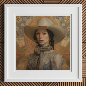 Jamie - Femme Lesbian Cowgirl Art Print, Framed Portrait Painting Wide-brimmed Hat Victorian-style Blouse
