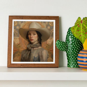 Jamie - Femme Lesbian Cowgirl Art Print, Framed Portrait Person Wide-brimmed Hat Gray Scarf Warm