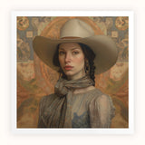 Jamie - Femme Lesbian Cowgirl Art Print, Portrait Wide-brimmed Cowboy Hat Gray Ruffled Blouse