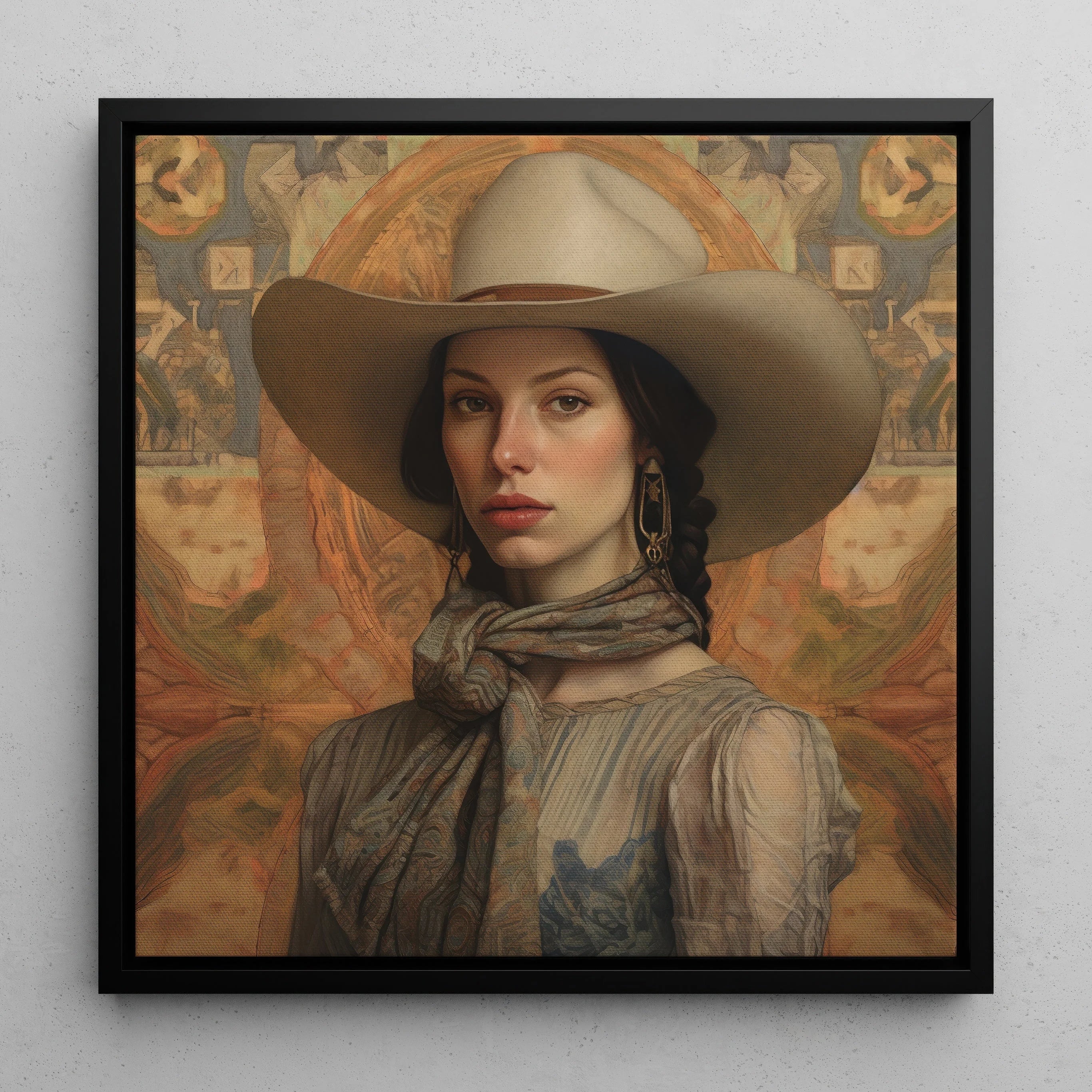 Jamie - Femme Lesbian Cowgirl Framed Canvas, 12x12’’ / 31x31cm / Black Floating Frame, Portrait Woman Wide-brimmed Cowboy Hat Western-style