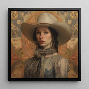 Jamie - Femme Lesbian Cowgirl Framed Canvas, 12x12’’ / 31x31cm / Black Floating Frame, Portrait Woman Wide-brimmed Cowboy Hat Western-style