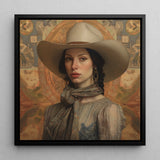 Jamie - Femme Lesbian Cowgirl Framed Canvas, 12x12’’ / 31x31cm / Black Floating Frame, Portrait Woman Wide-brimmed Cowboy Hat Western-style