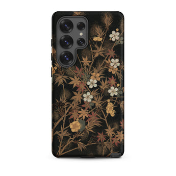 Japanese Autumn Flowers - G.a. Audsley Phone Case Samsung Galaxy S25 Ultra / Matte Black Phone Case Adorned Delicate Pattern White Yellow