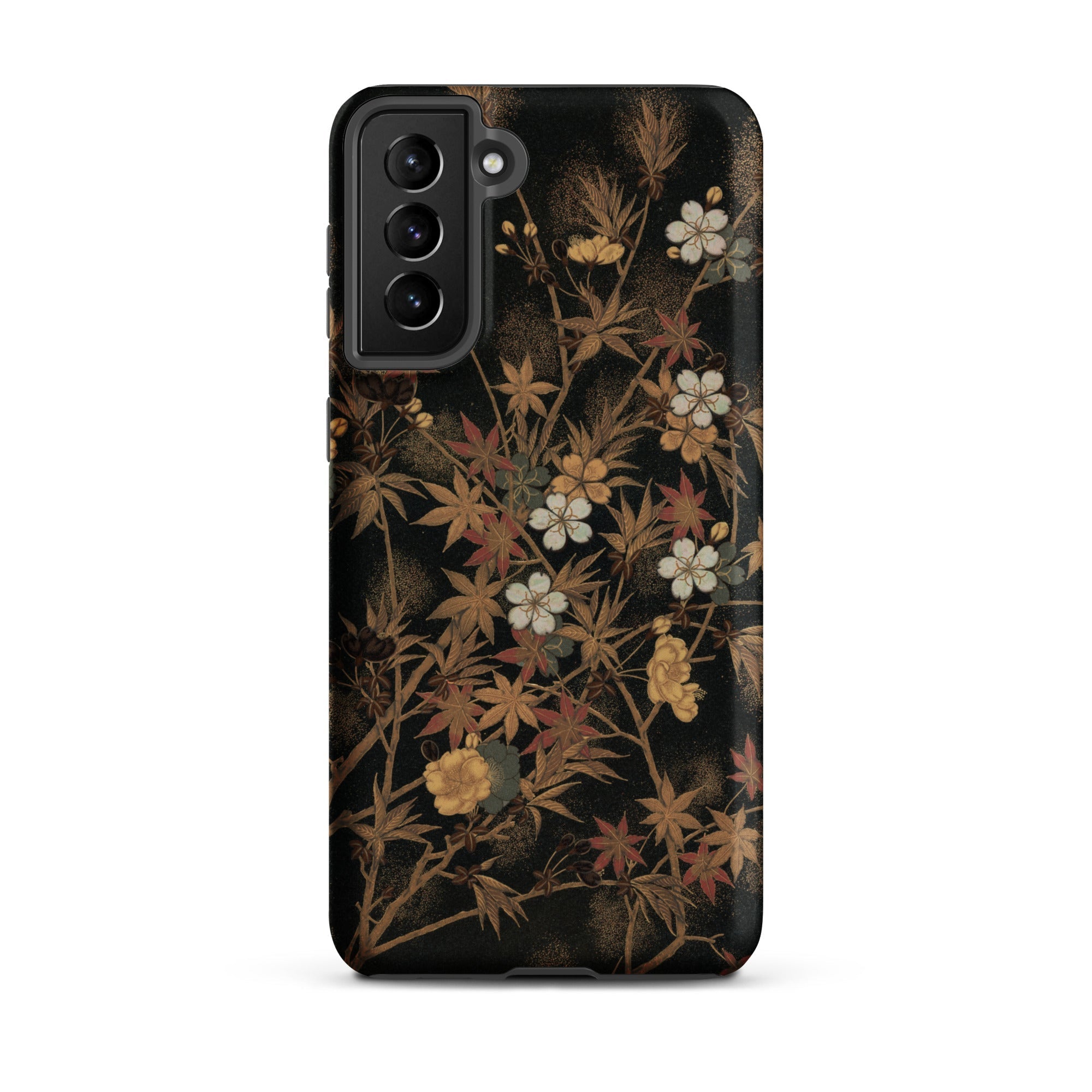 Japanese Autumn Flowers G.a. Audsley Samsung Case, Galaxy S21 Plus / Matte, Black Smartphone Case Dark Floral Foliage Pattern