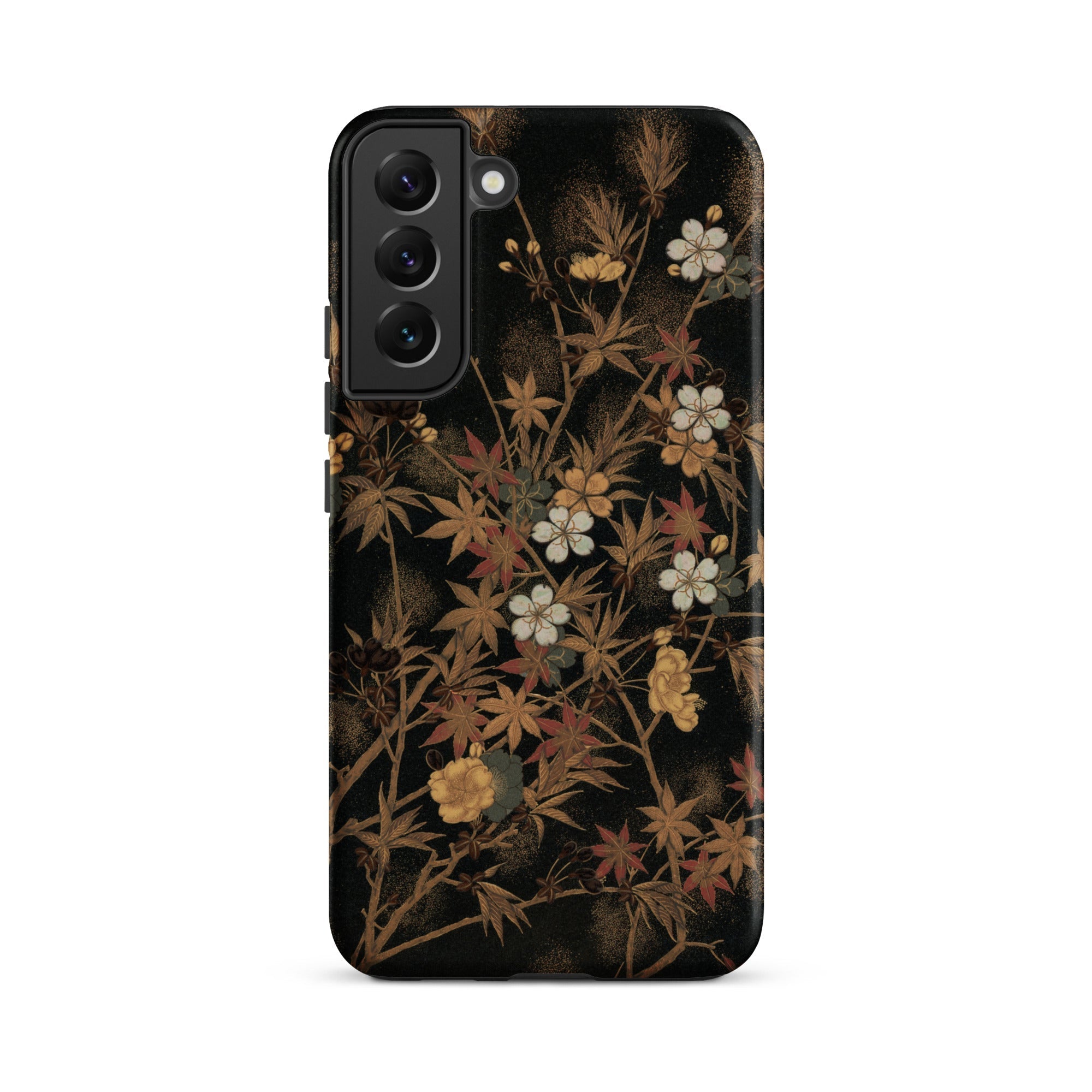 Japanese Autumn Flowers G.a. Audsley Samsung Case, Galaxy S22 Plus / Matte, Black Smartphone Case Dark Floral Leaf Pattern