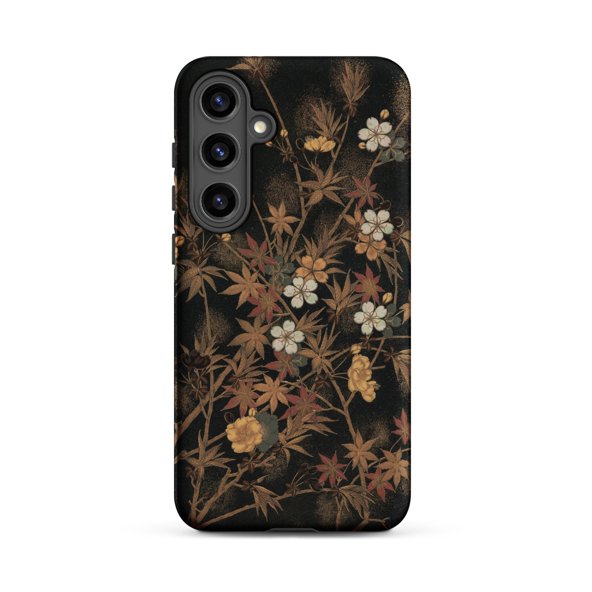 Japanese Autumn Flowers G.a. Audsley Samsung Case, Galaxy S24 Plus / Matte, Black Smartphone Case Dark Floral Leaf Pattern