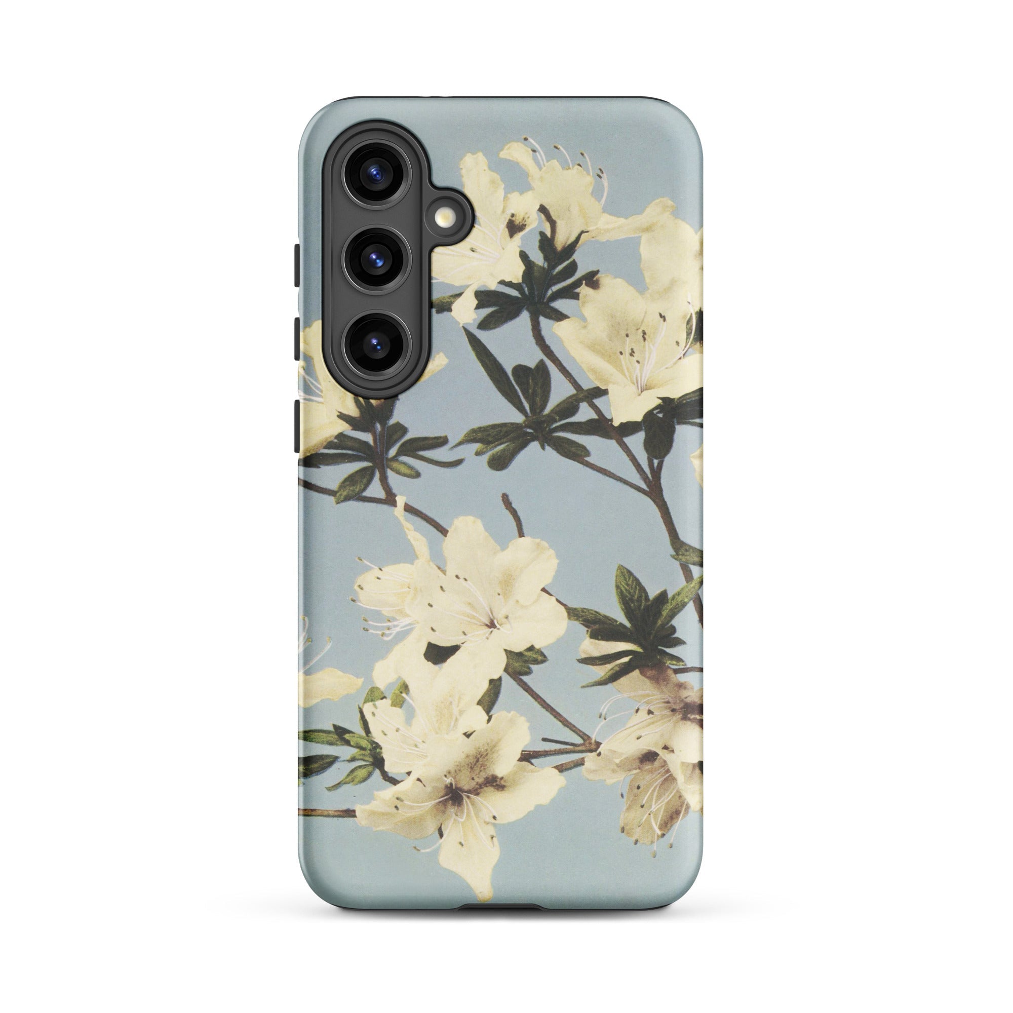 Japanese Azaleas Kazumasa Ogawa Samsung Case, Galaxy S24 Plus / Matte, Smartphone Case Cream Colored Floral Pattern Light Blue Background