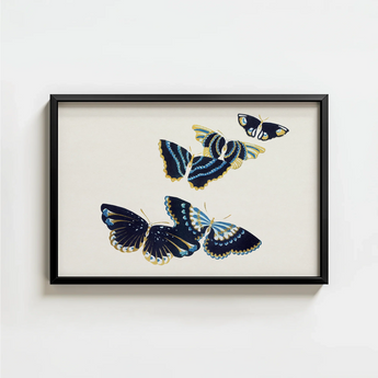 Elegant Framed Artwork Four Intricately Designed Butterflies Deep Kamisaka Sekka, Japan’s Artistic Renaissance, Blue Deftly
