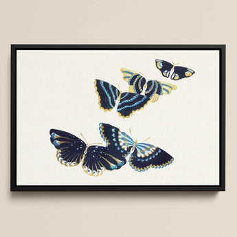 Japanese Blue Butterflies too - Kamisaka Sekka Art Print / Canvas Black-framed Artwork Four Intricately Illustrated Butterflies Navy Blue
