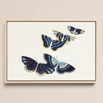 Japanese Blue Butterflies too - Kamisaka Sekka Art Print / Canvas Framed Artwork Four Intricately Designed Butterflies Navy Blue Kamisaka
