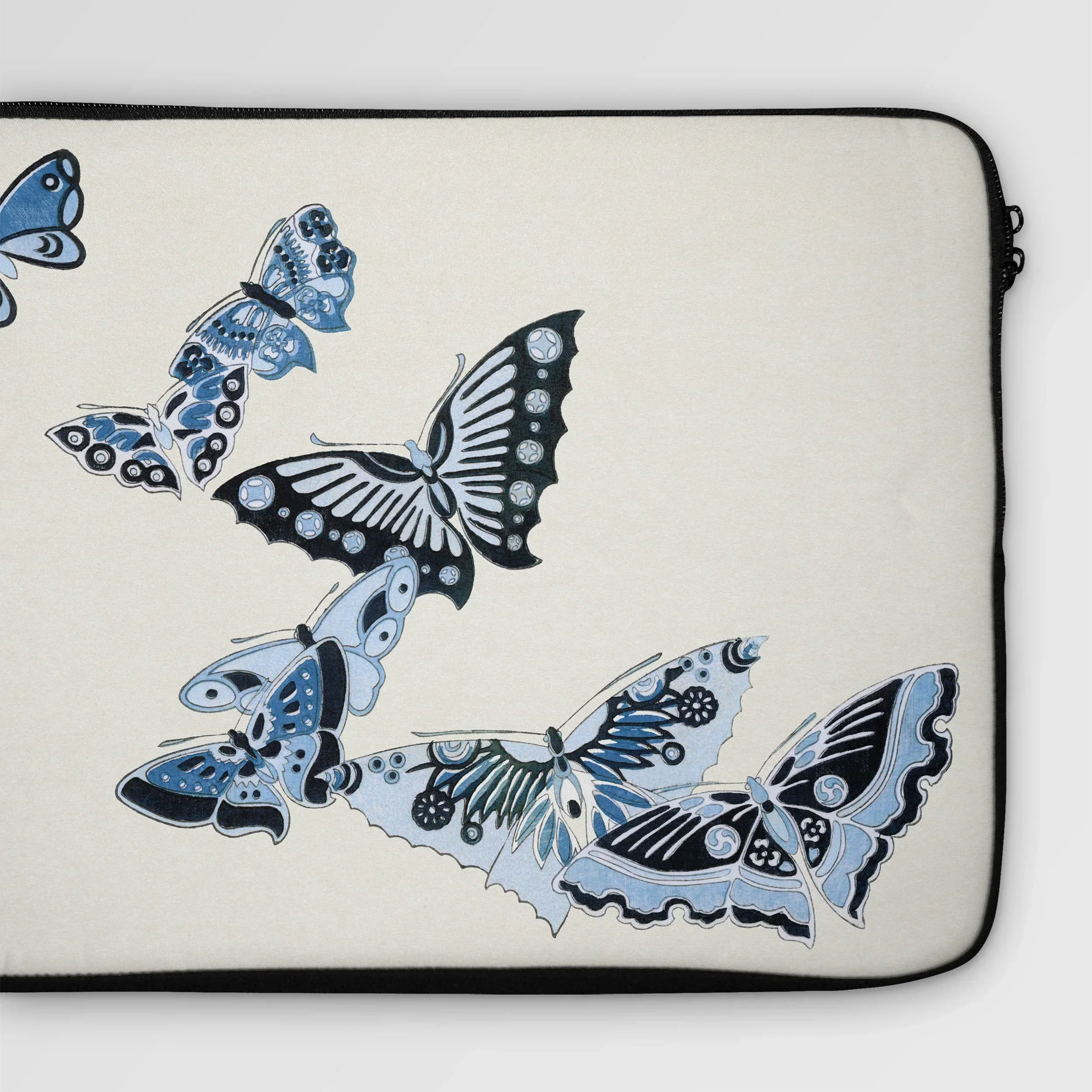 Japanese Blue Butterflies - Kamisaka Sekka Laptop Sleeve, Laptop Sleeve Blue Black Butterfly Designs Embroidered