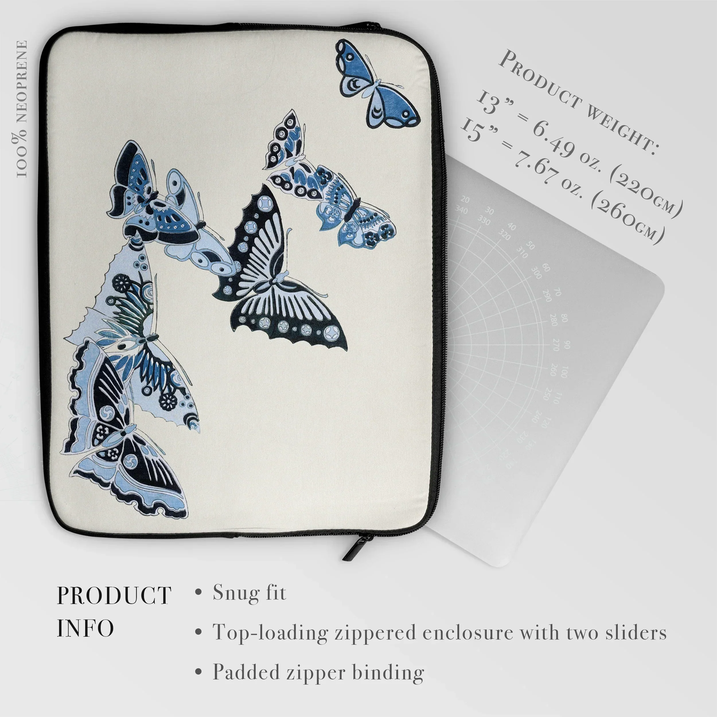 Japanese Blue Butterflies - Kamisaka Sekka Laptop Sleeve, Laptop Sleeve Blue Butterfly Designs White Background