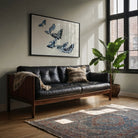 Japanese Blue Butterflies Kamisaka Sekka Meiji Art Print, Black Leather Tufted Sofa Wooden Frame Arms