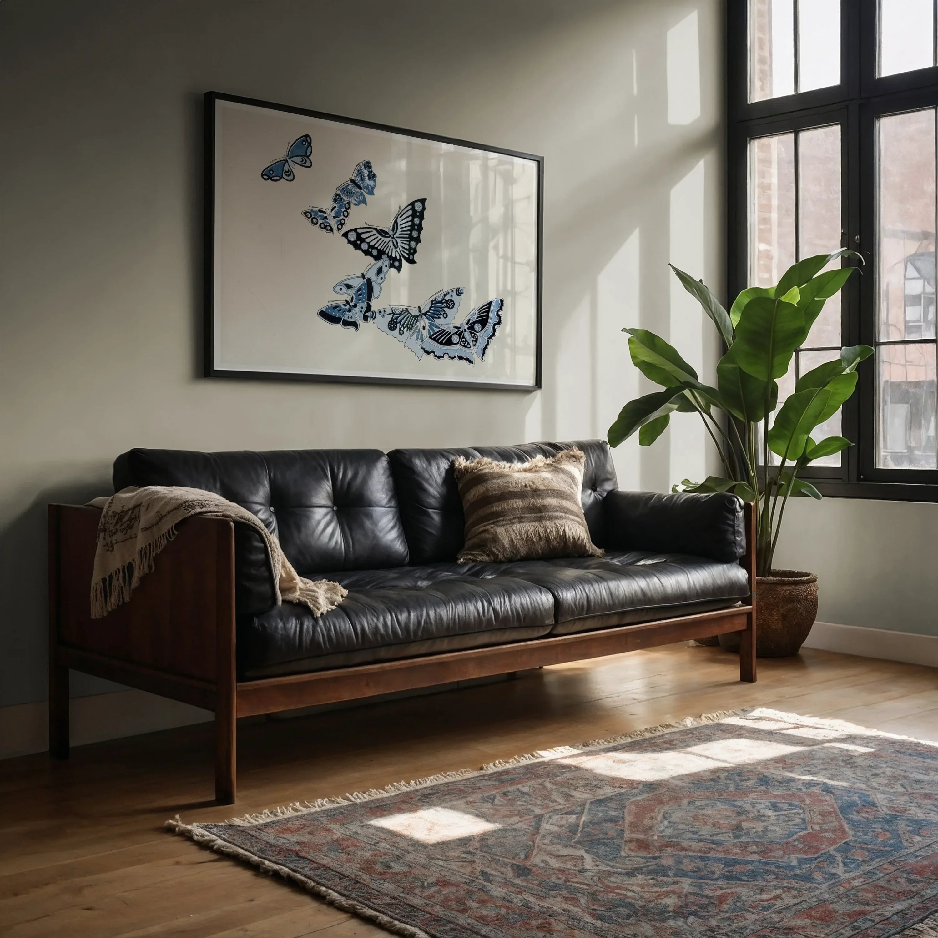 Japanese Blue Butterflies Kamisaka Sekka Meiji Art Print, Black Leather Tufted Sofa Wooden Frame Arms