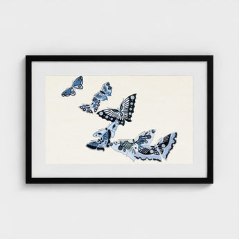 Japanese Blue Butterflies - Kamisaka Sekka Meiji Art Print / Canvas Framed Artwork Collection Stylized Shades Black Sekka’s, Japan’s