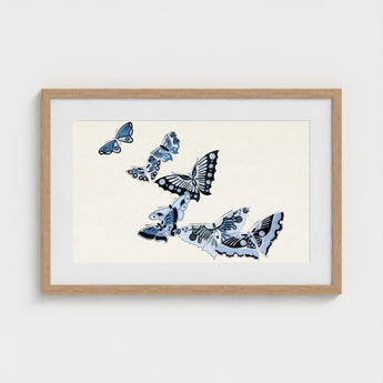 Japanese Blue Butterflies - Kamisaka Sekka Meiji Art Print / Canvas Framed Artwork Collection Stylized Shades Black Sekka’s, Japan’s