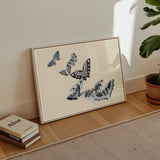 Japanese Blue Butterflies - Kamisaka Sekka Meiji Art Print / Canvas Framed Artwork Blue Black Butterflies Cream Background Kamisaka Sekka’s
