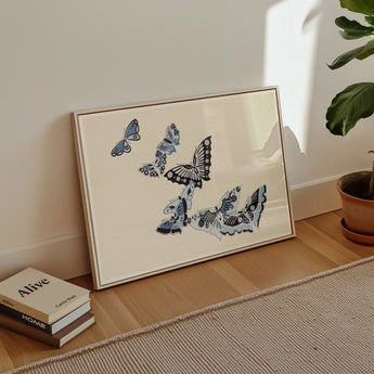 Japanese Blue Butterflies - Kamisaka Sekka Meiji Art Print / Canvas Framed Artwork Blue Black Butterflies Cream Background Kamisaka Sekka’s
