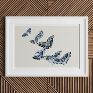 Japanese Blue Butterflies - Kamisaka Sekka Meiji Art Print, White-framed Artwork Blue Black Butterflies Flight