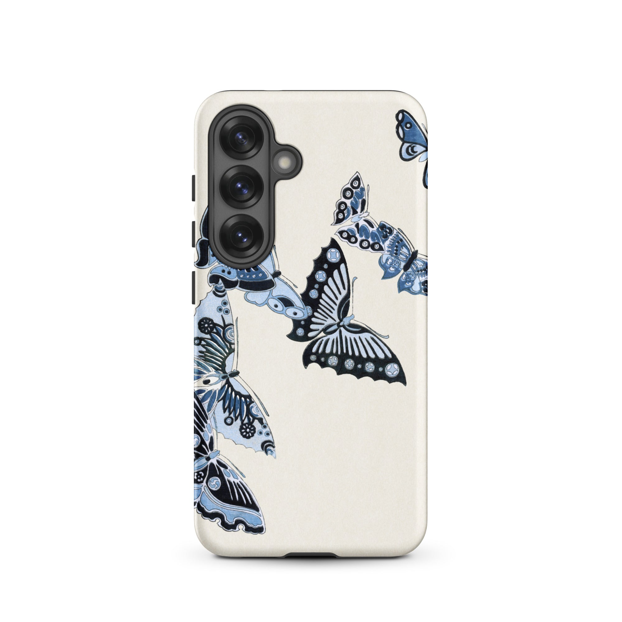 Japanese Blue Butterflies Kamisaka Sekka Samsung Case, Galaxy S25 / Matte, White Phone Case Blue Butterfly Designs Black Camera