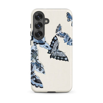 Japanese Blue Butterflies - Kamisaka Sekka Samsung Case, Galaxy S25 Plus / Matte, White Phone Case Adorned Blue Black Butterfly Patterns