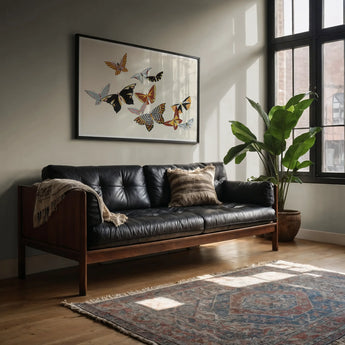 Japanese Butterflies - Kamisaka Sekka Kacho-e Art Print, Black Leather Tufted Sofa Wooden Frame