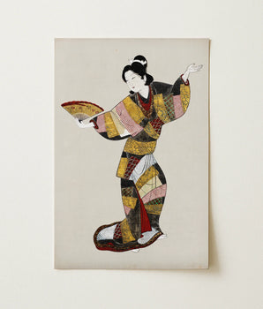 Traditional Japanese Geisha Illustration Printed Rectangular Canvas Intricate Fan Cracks Open, Sumi-black Silk Breaks, Sunrise Beaten, Gold