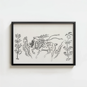 Black-framed Artwork Stylized Deer Antlers Spotted Body Surrounded Taguchi Tomoki, Tsubaki Woodblock, Japanese