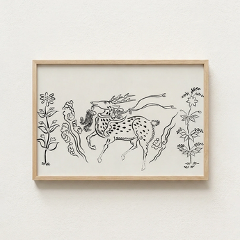 Minimalist Framed Artwork Black Ink Line Spotted Deer Taguchi Tomoki, Tsubaki Woodblock, Japanese