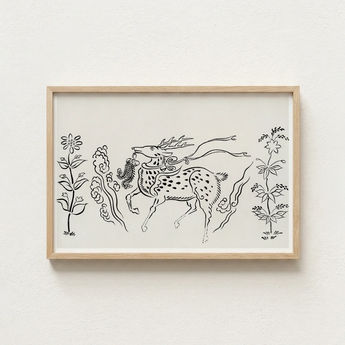 Minimalist Framed Artwork Black Ink Line Ornate Spotted Taguchi Tomoki, Tsubaki Woodblock, Japanese Deer