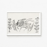 Framed Black-and-white Line Spotted Deer Antlers Surrounded Stylized Taguchi Tomoki, Tsubaki Woodblock, Japanese