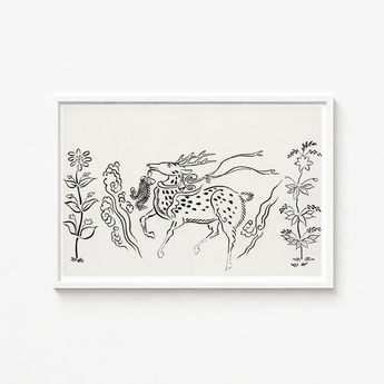 Framed Black-and-white Line Spotted Deer Antlers Surrounded Stylized Taguchi Tomoki, Tsubaki Woodblock, Japanese