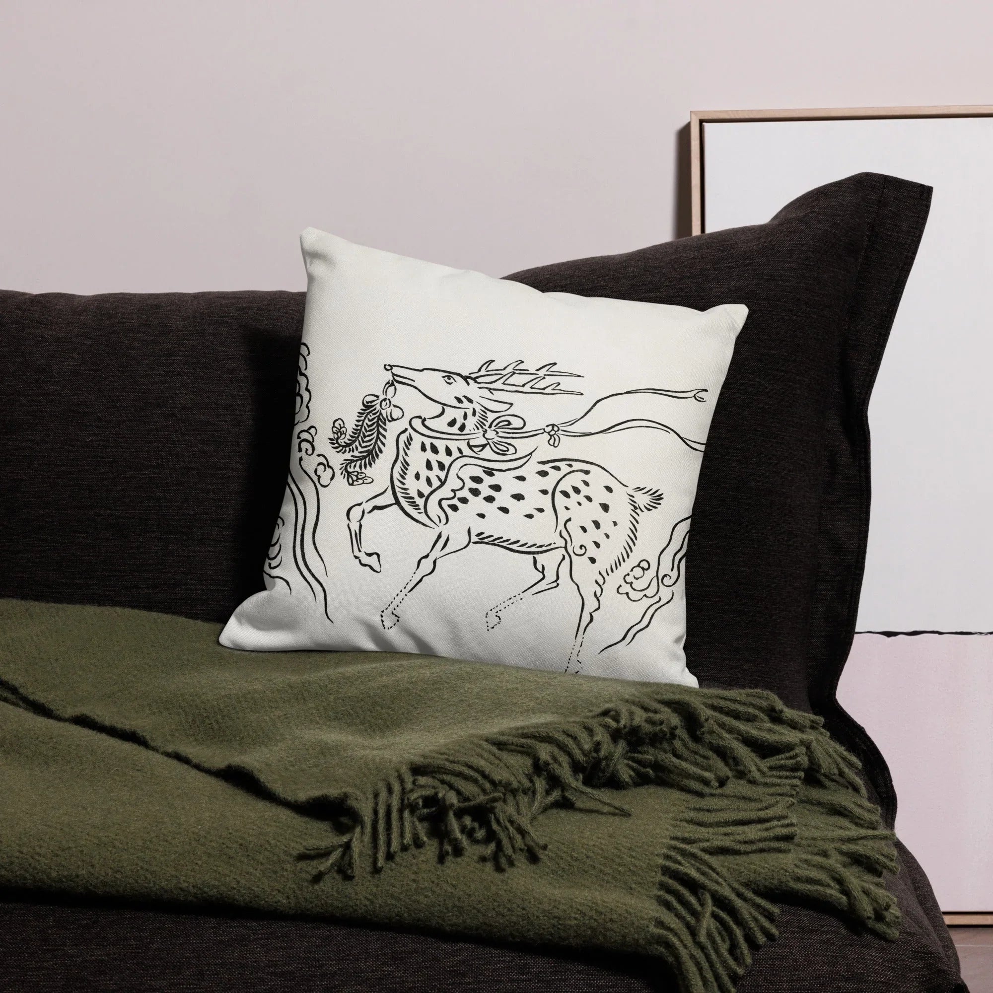 Japanese Deer - Taguchi Tomoki Black and White Pillow, Decorative Throw Pillow Black Line Horse White Background
