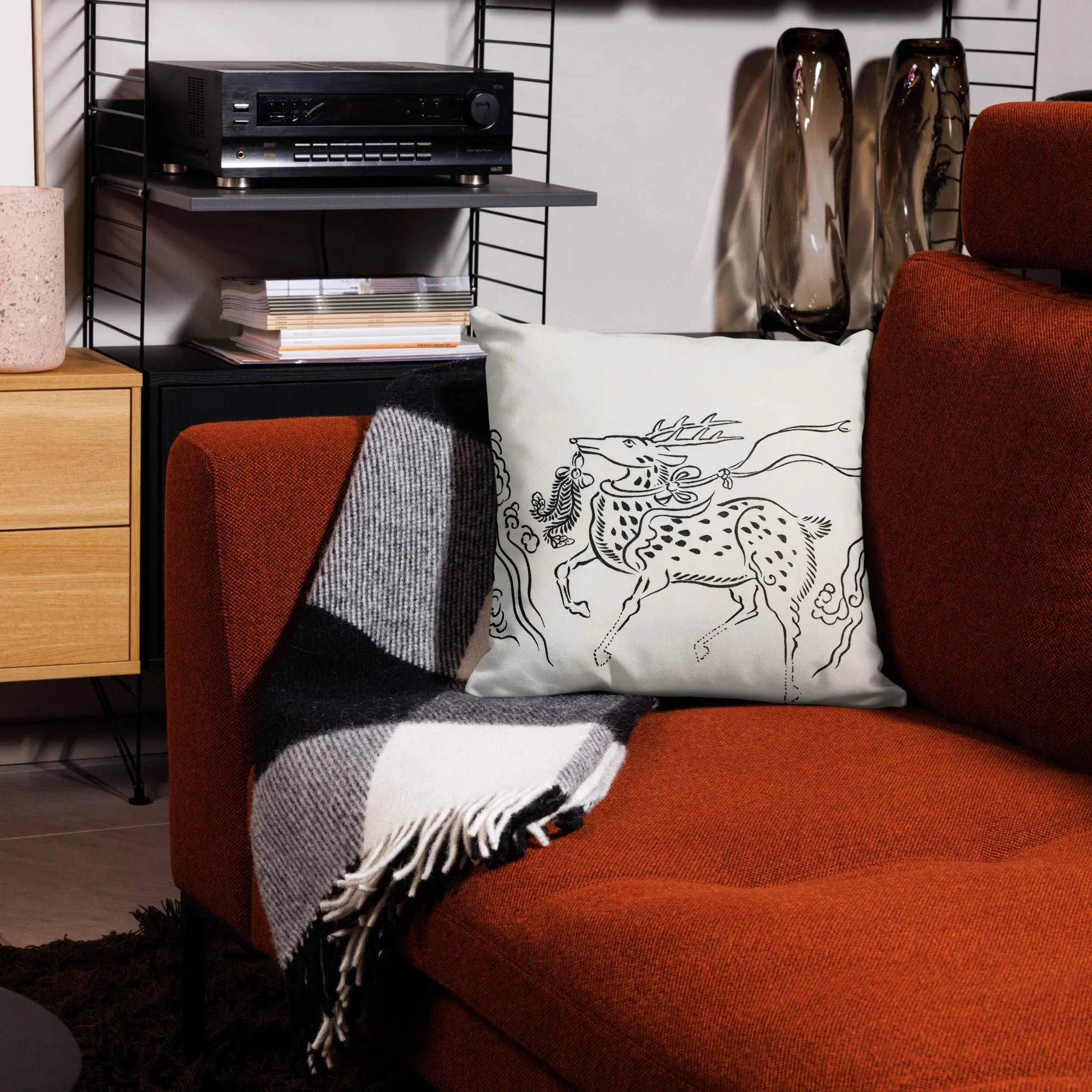 Japanese Deer - Taguchi Tomoki Black and White Pillow, Rust-colored Armchair Decorative Horse-patterned Pillow Draped