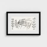 Japanese Deer - Taguchi Tomoki Fine Art Print / Canvas Black-framed Artwork Stylized Ink-drawn Dotted Patterns Floral, Tsubaki Woodblock,