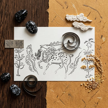 Japanese Deer - Taguchi Tomoki Fine Art Print / Canvas Black-and-white Line Spotted Deer Antlers Adorned Floral Cloud Taguchi Tomoki,