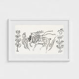 Japanese Deer - Taguchi Tomoki Fine Art Print / Canvas Framed Black-and-white Line Stylized Antlers Surrounded Floral, Tsubaki Woodblock,