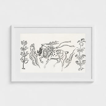 Japanese Deer - Taguchi Tomoki Fine Art Print / Canvas Framed Black-and-white Line Stylized Antlers Surrounded Floral, Tsubaki Woodblock,