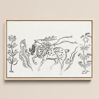Japanese Deer - Taguchi Tomoki Fine Art Print / Canvas Framed Black-and-white Line Spotted Deer Antlers Adorned Floral Taguchi Tomoki,