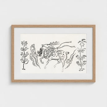Japanese Deer - Taguchi Tomoki Fine Art Print / Canvas Minimalist Black-and-white Line Antlers Spotted Body Framed, Tsubaki Woodblock,