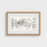 Japanese Deer - Taguchi Tomoki Fine Art Print / Canvas Minimalist Black-and-white Line Mane Floral Motifs Framed, Tsubaki Woodblock, Prints