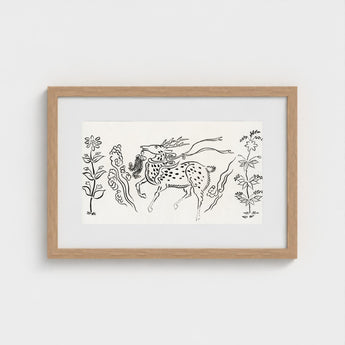 Japanese Deer - Taguchi Tomoki Fine Art Print / Canvas Minimalist Black-and-white Line Mane Floral Motifs Framed, Tsubaki Woodblock, Prints