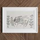 Japanese Deer Taguchi Tomoki Fine Art Print, Framed Sketch Stylized Horse Spots Surrounded Plant Like Designs