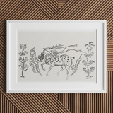 Japanese Deer - Taguchi Tomoki Fine Art Print, Framed Sketch Stylized Horse Spots Surrounded Plant-like Designs