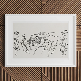 Japanese Deer - Taguchi Tomoki Fine Art Print, Framed Sketch Stylized Horse Spots Surrounded Plant-like Designs